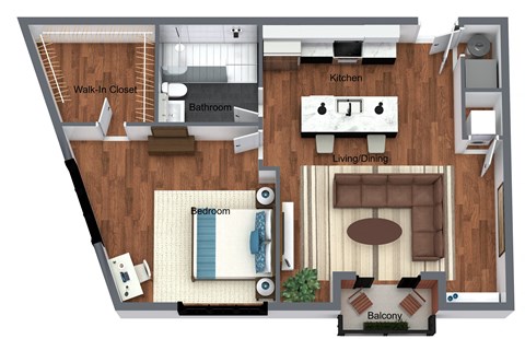 1 Bedroom Deluxe + Balcony - 817 sqft. - 3D